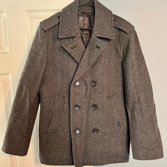 Coach Men's Herringbone Wool Blend Peacoat with Leather Details - Picture 1 of 14